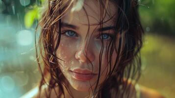 beautiful young woman with wet hair looking photo