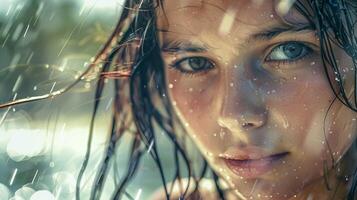 beautiful young woman with wet hair looking photo