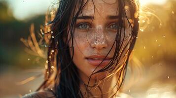 beautiful young woman with wet hair looking photo