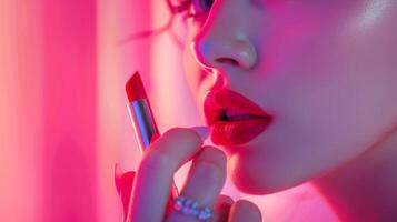 beauty concept woman applying red lipstick photo