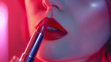 beauty concept woman applying red lipstick photo