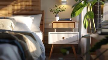 bedside table with modern tech for relaxation photo