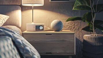 bedside table with modern tech for relaxation photo