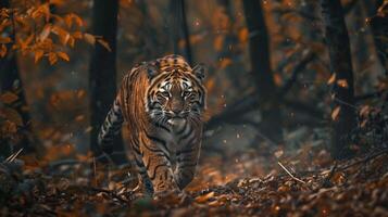 big cat walking through dark autumn forest photo