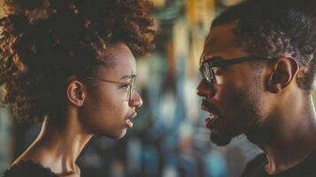 negro Pareja teniendo un argumento detallado foto