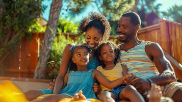 negro familia disfrutando verano juntos a patio interior foto