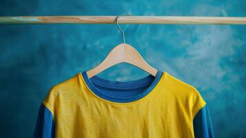 blue and yellow t shirt on wooden hanger photo