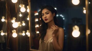 Beautiful asian girl in front of make-up mirror. Actress and model in dressing room. Woman in evening dress preparing for performance. photo