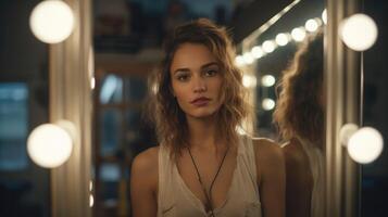 Beautiful girl in front of make-up mirror. Actress and model in dressing room. Woman in evening dress preparing for performance. photo