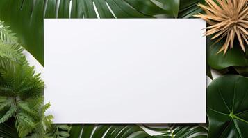 Empty photo frame on background of tropical leaves. Natural landscape with foliage with copy space for business template. Blank mockup.