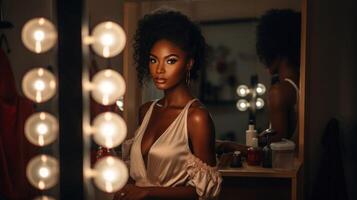 Beautiful girl in front of make-up mirror. African american Actress and model in dressing room. Woman in evening dress preparing for performance. photo