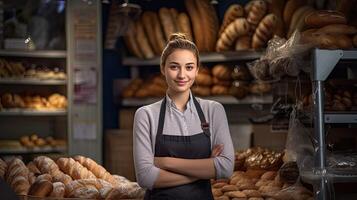 Owner of small bakery. Young pretty woman stands at counter with pastries and bread. Small business and work. Showcase with pies. photo