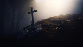 Cross in midst of misty forest. Christian symbol among rocks and trees. Concept of finding the way and faith. photo
