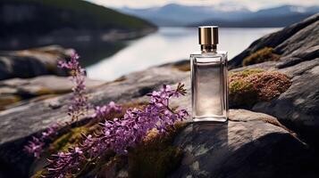 Fragrance perfume stand on stone against background of heather or lavender nature. Men perfume, concept of northern freshness, mountains and the sea. Glass bottle on a rock, rustic style photo