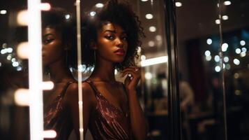 hermosa niña en frente de maquillaje espejo. africano americano Actriz y modelo en vendaje habitación. mujer en noche vestir preparando para actuación. foto