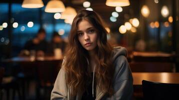 retrato de niña en cafetería. bonito joven mujer sentado a mesa en café tienda. concepto de juventud, ocio y recreación. foto