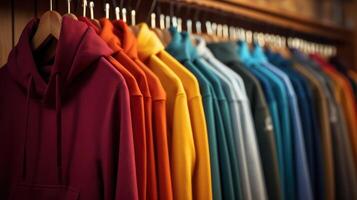 Hanger with colorful hoodie. Set of clothes in rainbow colors. Wardrobe and Fitting room in a casual store. Fashion and style photo