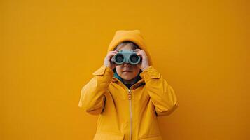 Child with binoculars on clear yellow background. Observer and self-development. Concept of search and selection. photo