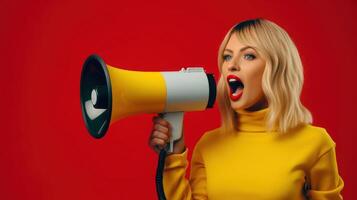 Woman with megaphone. Young girl screams into loudspeaker. Sale and discount in store. Speaker person with audio message or advice. Copy space for template on red background. photo