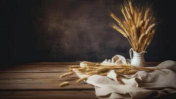 Table made of wooden planks with ears of wheat. Copy space for presentation of rustic business product. Background template. Natural rustic concept. photo