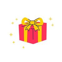 Beautiful red gift box with yellow or golden bow. Flat illustration isolated on white background. vector