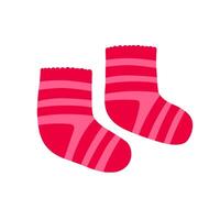 Paire of striped red and pink knitted socks. Flat color illustration isolated on white. vector