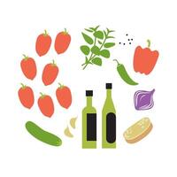 Fresh raw gazpacho ingredients. Round flat illustration isolated on white background. vector