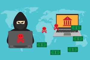 Hackers use laptop computer to perform hacked database activities. Network storage, social accounts, credit cards, Interbank Financial, or security. illustration. vector