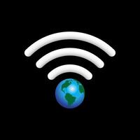 Wireless access point to global network concept. Globe with signal arcs isolated on black background. vector