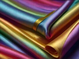 stacked satin fabric in rainbow colors. rolls of silk cloth. elegant wallpaper design, background. materials for sewing production photo