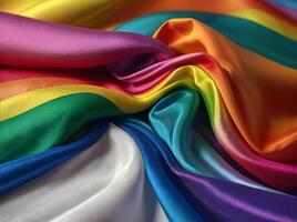 Shiny light rainbow silk fabric with drapery, folds, multicolored iridescences. Wavy satin cloth texture, abstract background. Smooth drape material photo