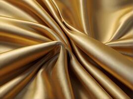 gold royal drapery silk fabric for luxury background with copy space. Wavy abstract satin cloth texture. Smooth shiny drape material photo