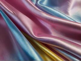 holographic textured background. Shiny mother-of-pearl fabric in light pink color with multicolored iridescences. Wavy abstract satin cloth texture. Smooth drape material photo