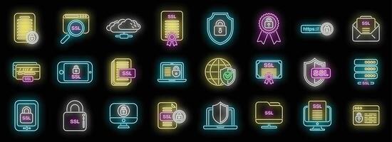 SSL certificate icons set neon vector