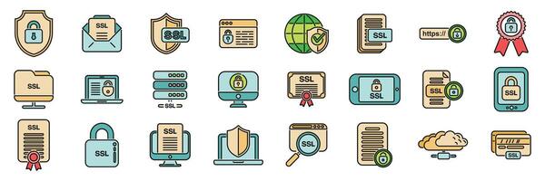 SSL certificate icons set color line vector