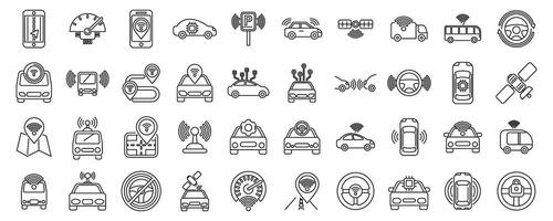 Driverless vehicle icons set outline . Future car vector