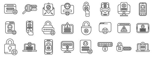 Wrong password icons set outline . Lock key forget vector