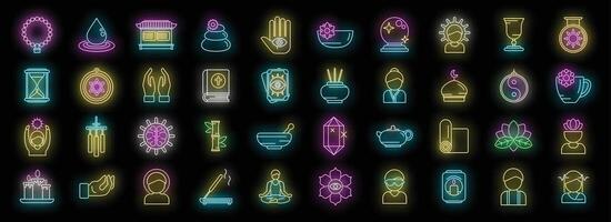 Spiritual practices icons set neon vector