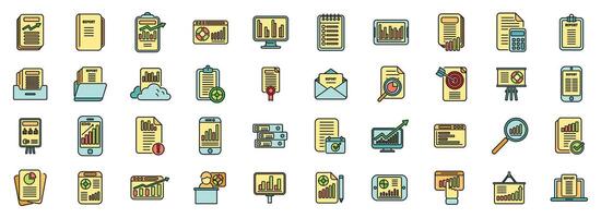 Business report icons set color line vector