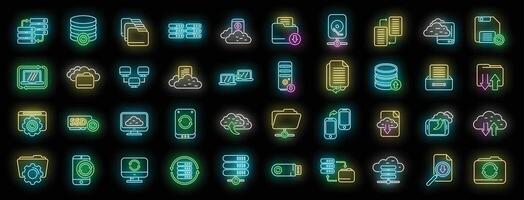 Backups icons set neon vector