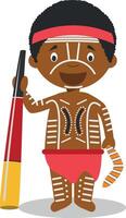 personaje desde Australia aborigen vestido en el tradicional camino con didgeridoo ilustración. niños de el mundo recopilación. vector