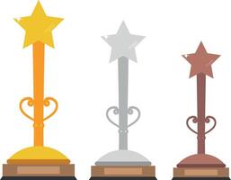 conjunto de oro, plata y bronce trofeos con un estrella en el cima. ilustración vector