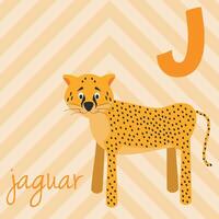 Cute cartoon zoo illustrated alphabet with funny animals. J for Jaguar. English alphabet. Learn to read. Isolated illustration. vector