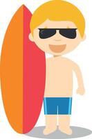 Character from Australia dressed in the traditional way as a surfer with his surfboard. Illustration. Kids of the World Collection. vector