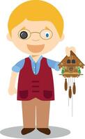 Watchmaker character from Switzerland with cuckoo clock Illustration. Kids of the World Collection. vector