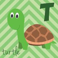 Cute cartoon zoo illustrated alphabet with funny animals. T for Turtle. English alphabet. Learn to read. Isolated illustration. vector