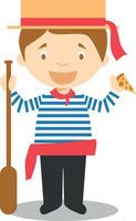 Character from Italy dressed in the traditional way as a Venice gondolier eating pizza. Illustration. Kids of the World Collection. vector