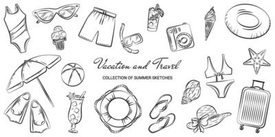 Set of hand-drawn summer elements in doodle style. Sketches on the theme of travel, summer holidays and vacations. Linear elements on a white background and without.Templates of sea and beach. vector