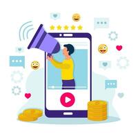 Blog monetización concepto. hombre de influencia blogger en teléfono inteligente pantalla con un megáfono en manos con gustos y sonriente emoticonos vector