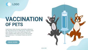 web página modelo de vacunación de mascotas. contento perro y gato alrededor un jeringuilla y grande blindaje. bandera modelo para veterinario clínica. vector